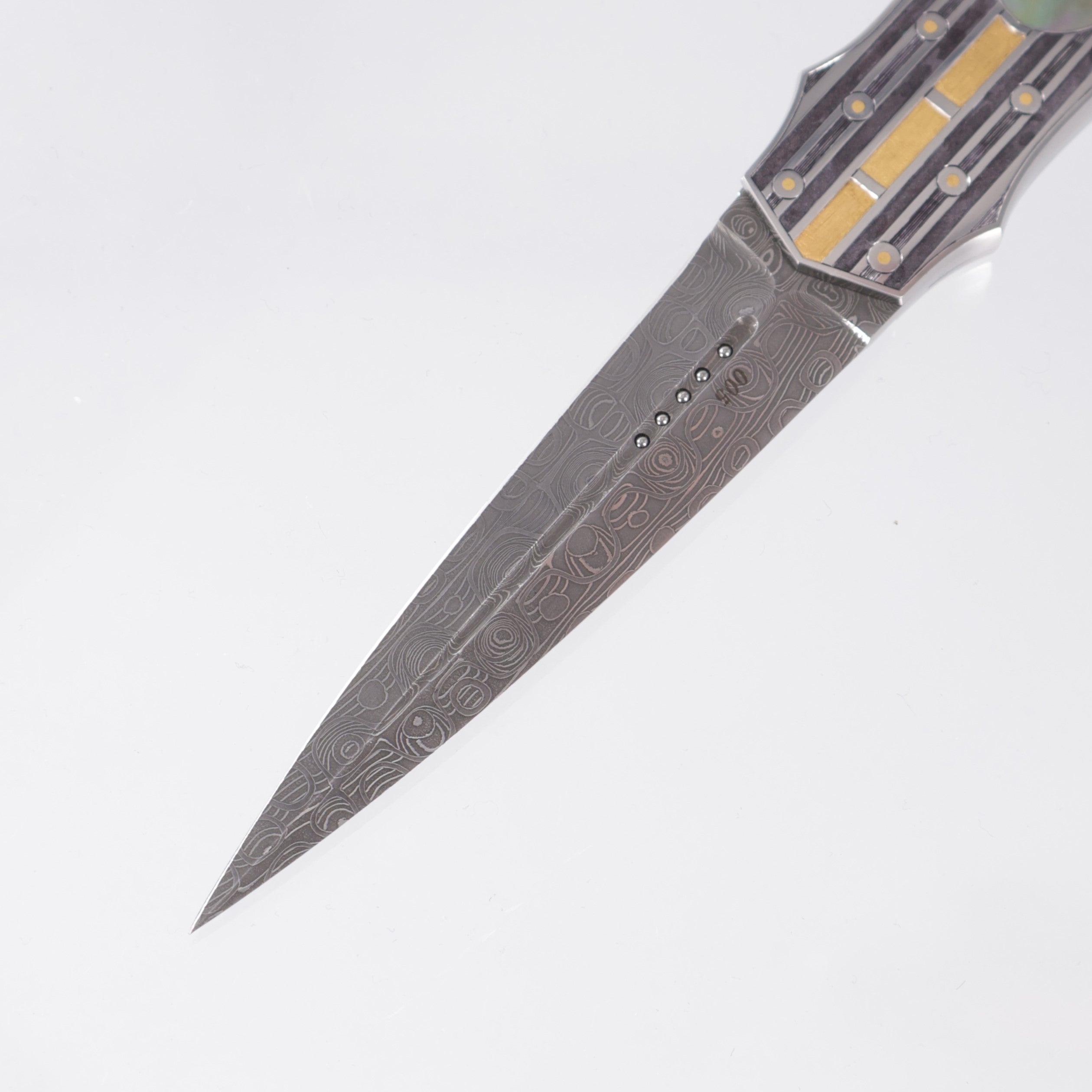 Warren Osborne Interframe Lockback Custom - Engraved Titanium w/ Gold & Black Lip Pearl Inlays - Damascus Blade *PRE-OWNED*