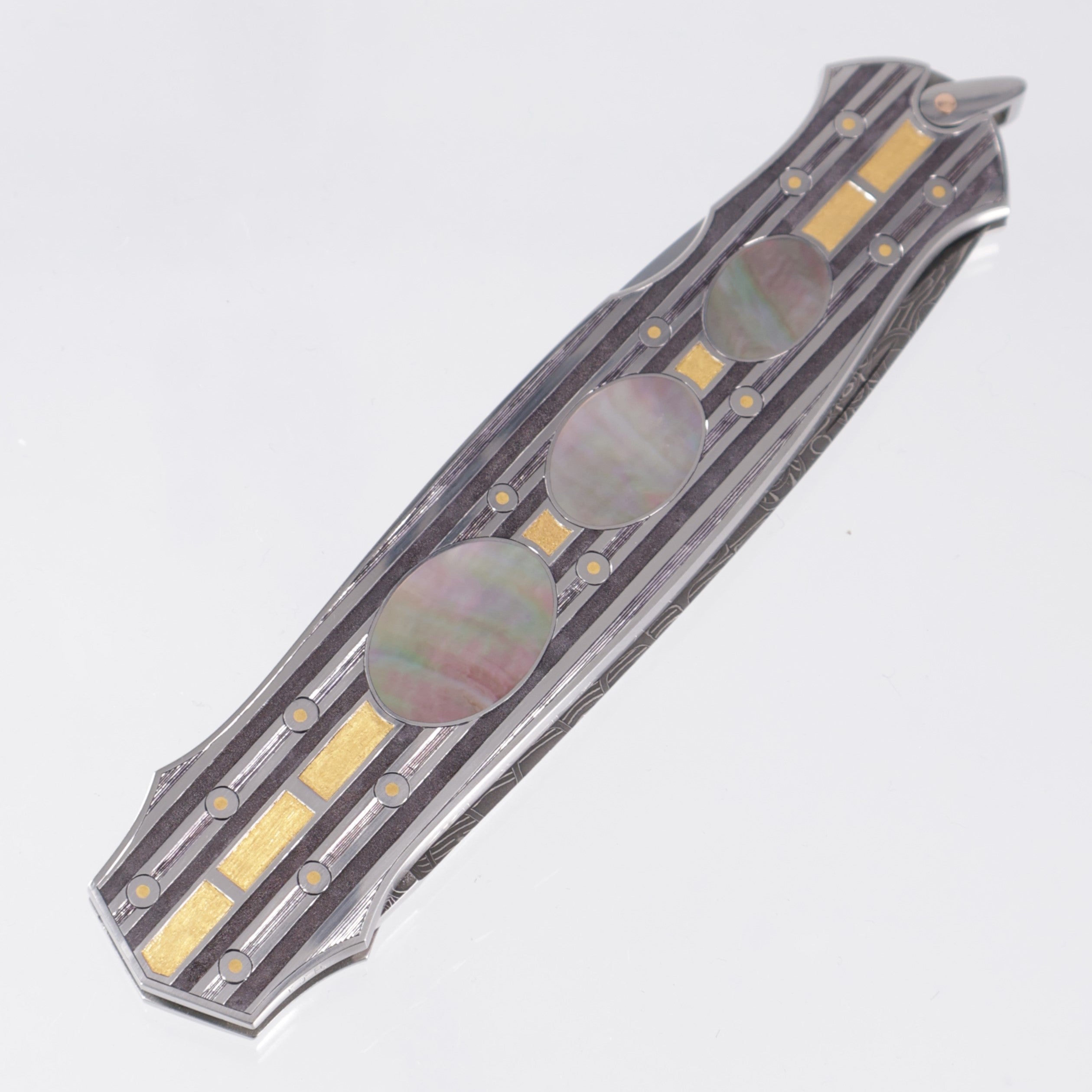 Warren Osborne Interframe Lockback Custom - Engraved Titanium w/ Gold & Black Lip Pearl Inlays - Damascus Blade *PRE-OWNED*