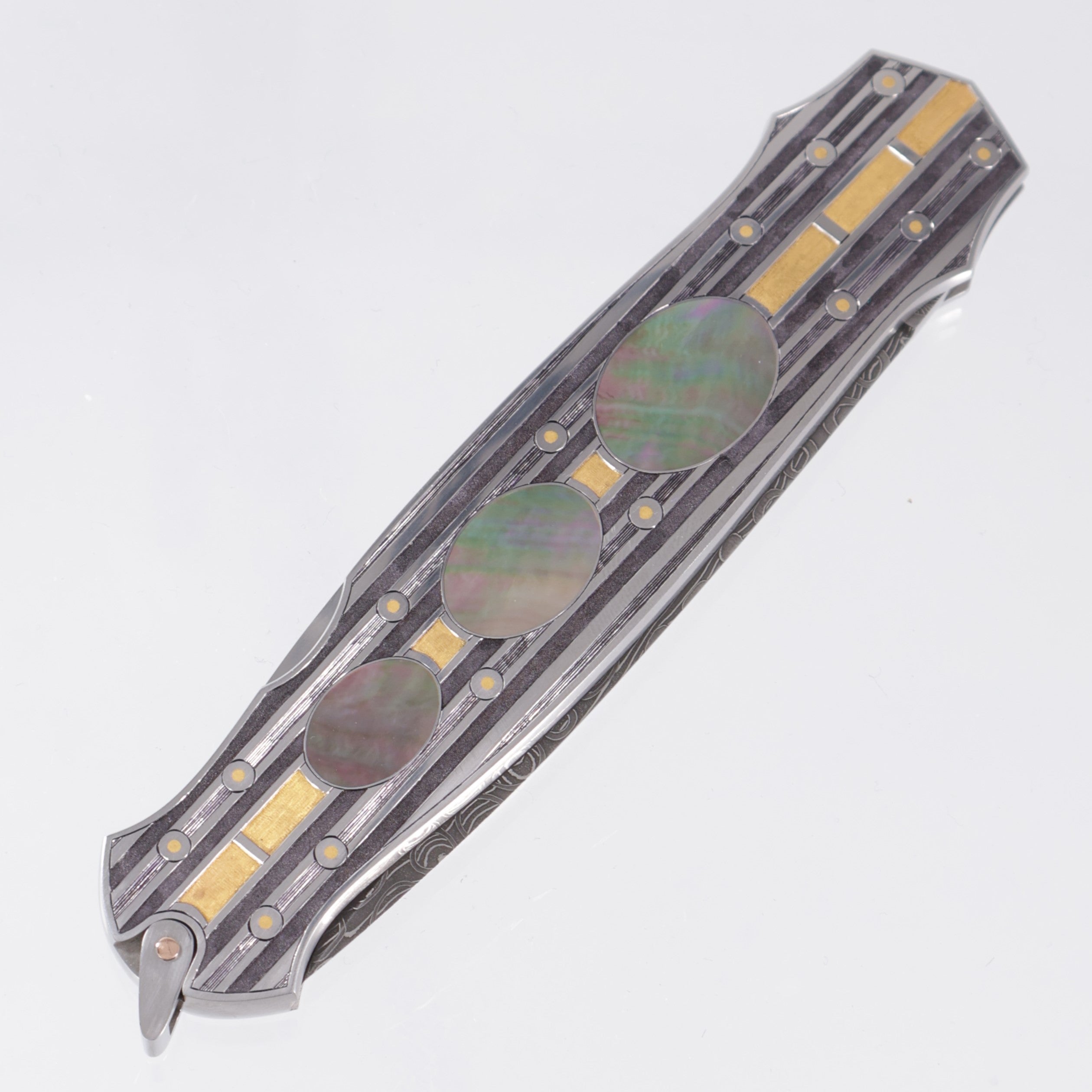 Warren Osborne Interframe Lockback Custom - Engraved Titanium w/ Gold & Black Lip Pearl Inlays - Damascus Blade *PRE-OWNED*