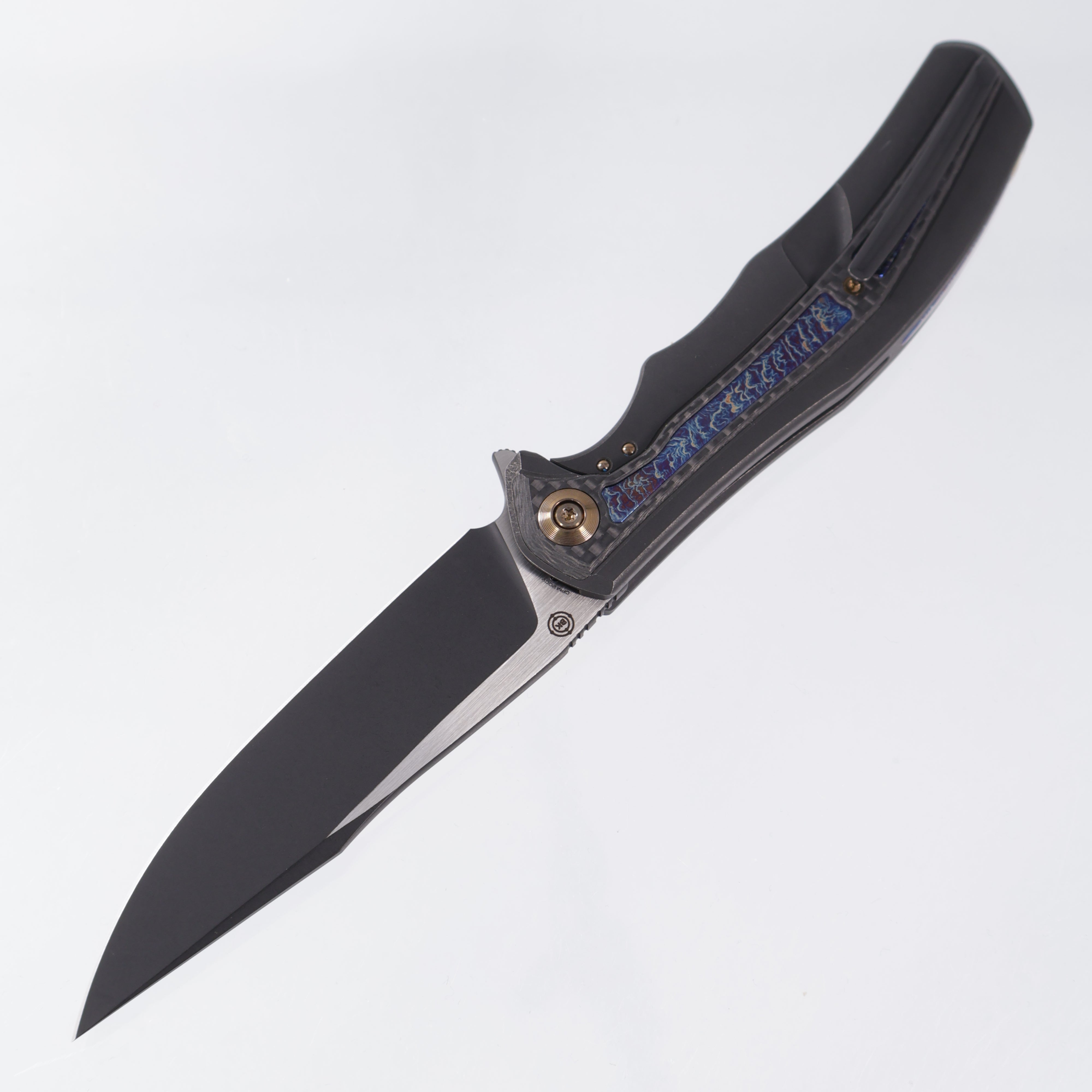 WE Knife Zonda - Black Stonewash Titanium w/ Lightning Ti & Carbon Fiber inlays - Gold Hardware - 2-Tone Black Stonewash 20CV - WE22016-1