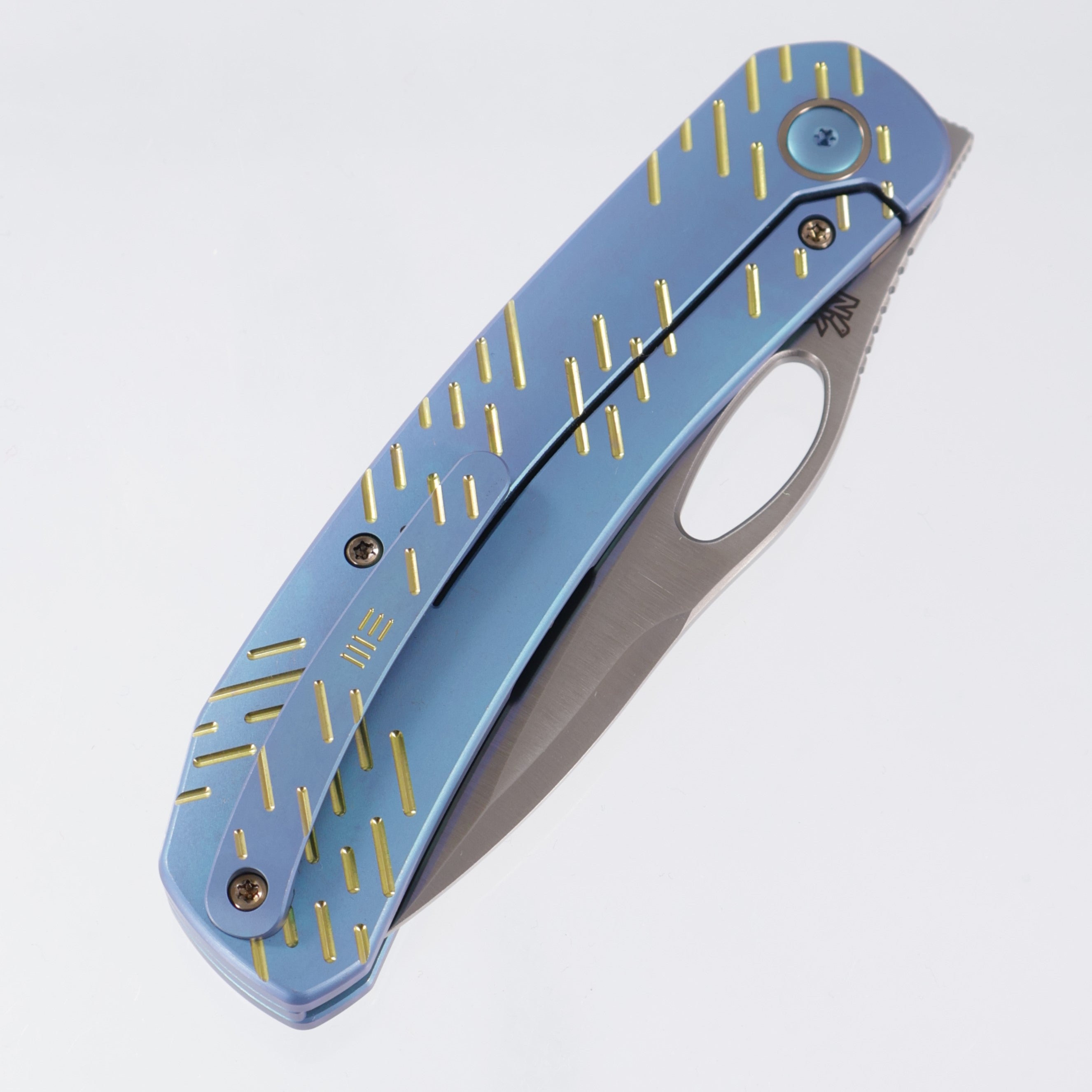 WE Knife Inmate - Blue & Gold Anodized Titanium - Satin 20CV - WE23096B-3