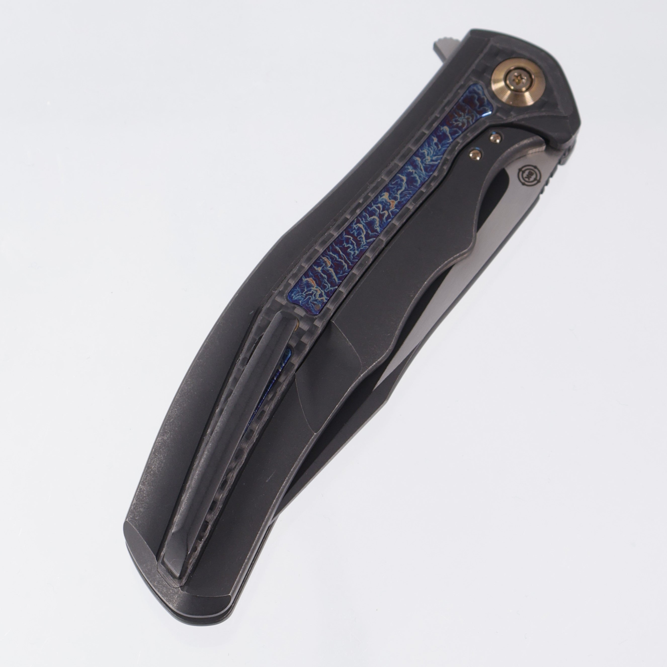 WE Knife Zonda - Black Stonewash Titanium w/ Lightning Ti & Carbon Fiber inlays - Gold Hardware - 2-Tone Black Stonewash 20CV - WE22016-1
