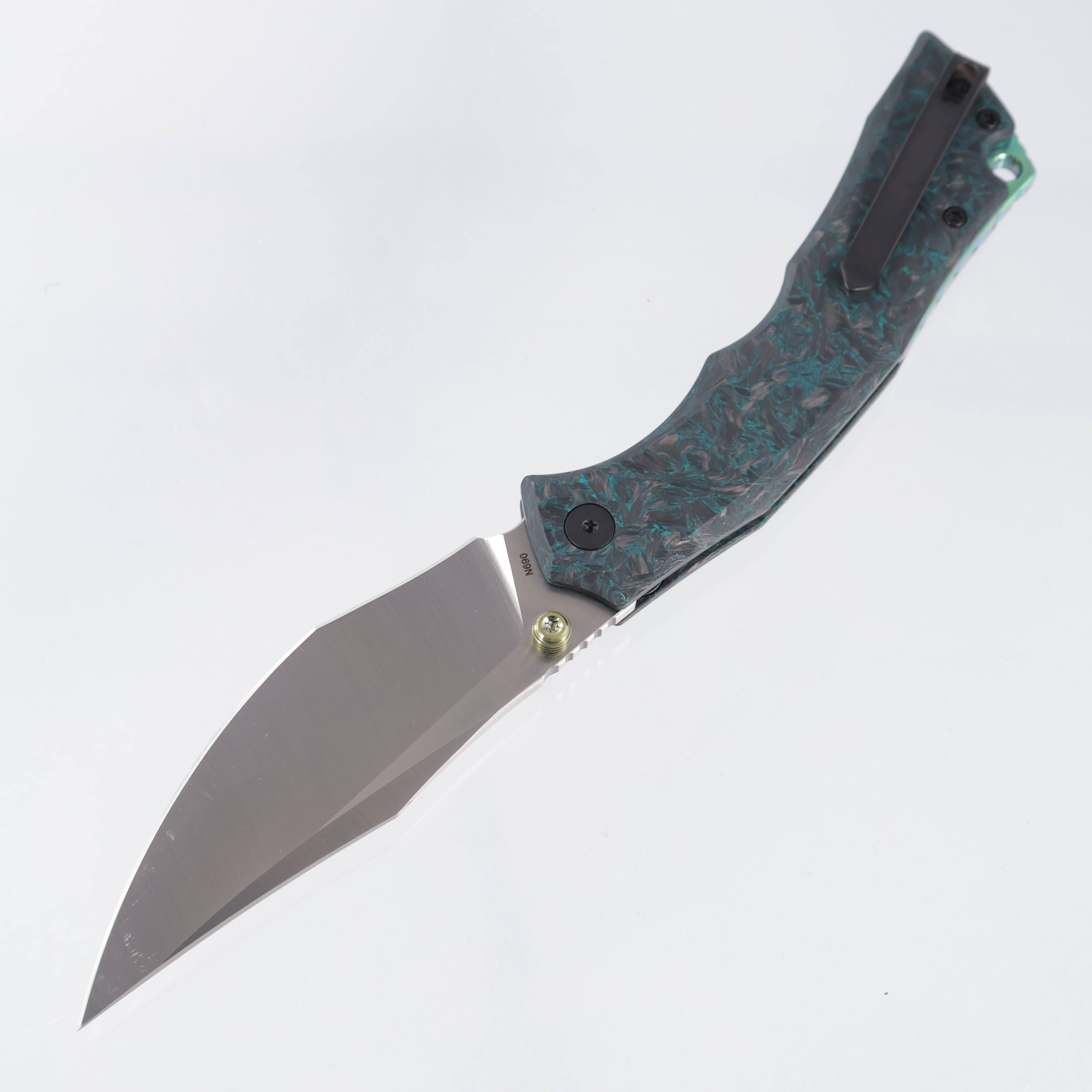 Wixco Jugger - Teal Shredded Carbon Fiber w/ Green Ti Accents - Satin N690 - WX22-B