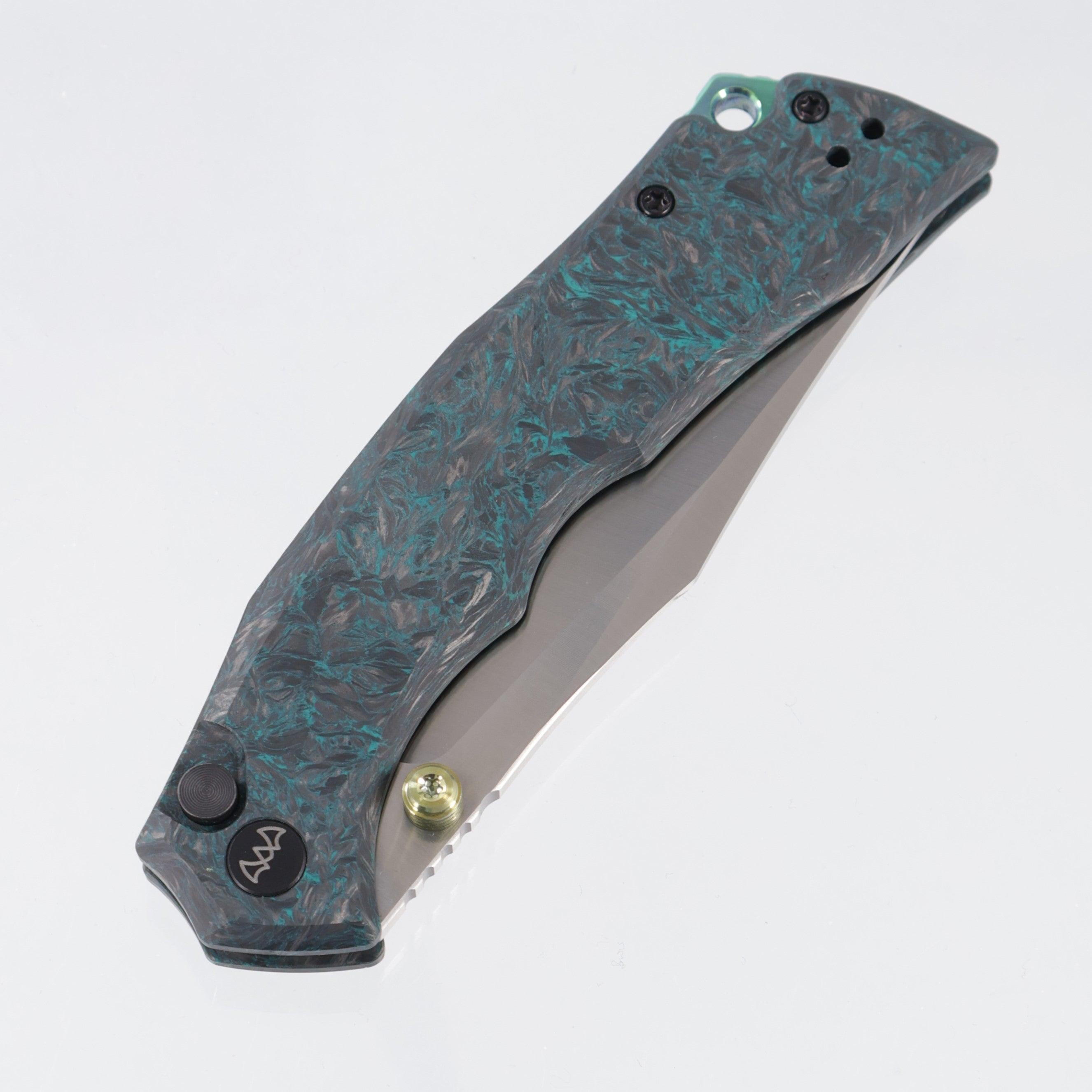 Wixco Jugger - Teal Shredded Carbon Fiber w/ Green Ti Accents - Satin N690 - WX22-B