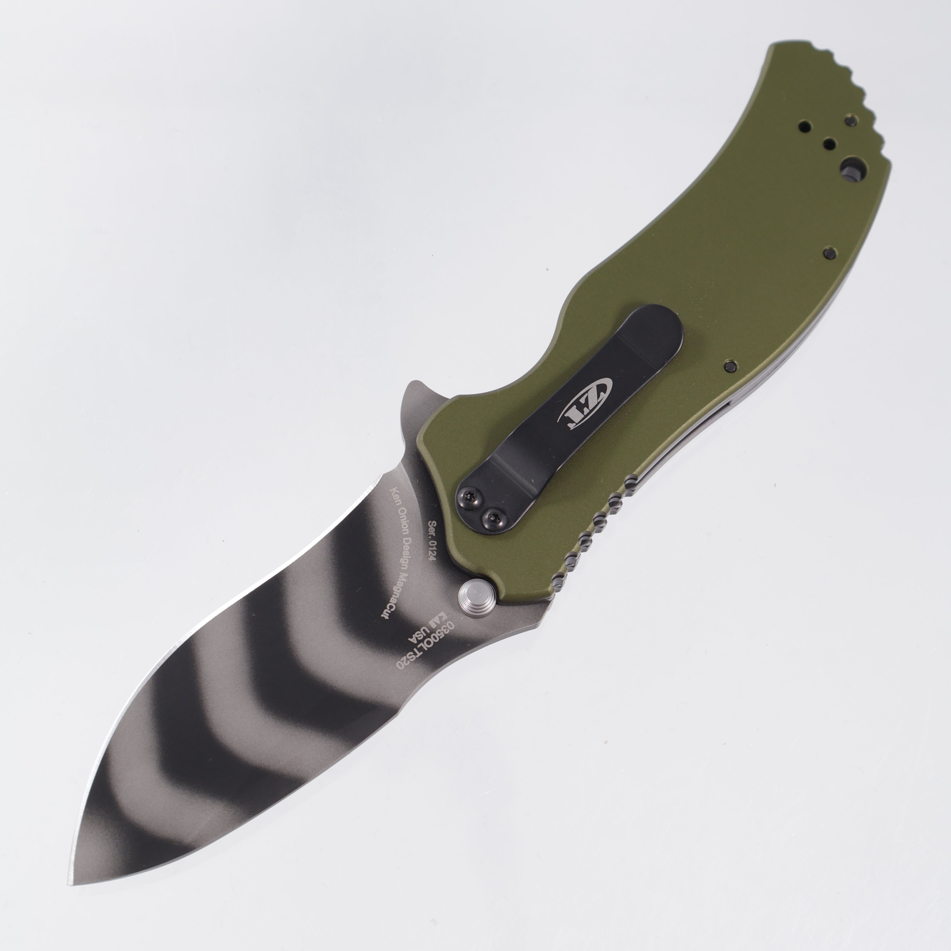 Zero Tolerance 0350 20th Anniversary Edition - OD Green Engraved Aluminum - DLC Tigerstripe Magnacut - 0350OLTS20