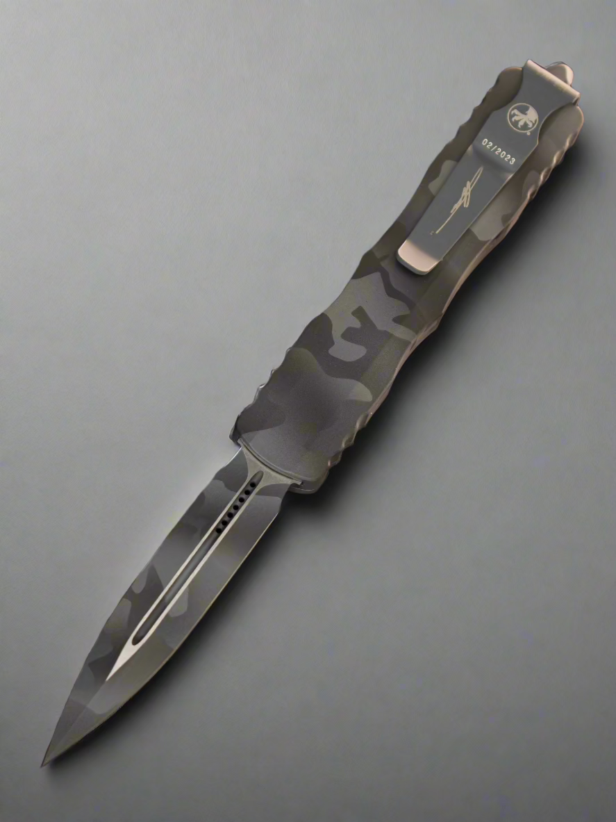 MICROTECH DIRAC OTF KNIFE- DOUBLE EDGE- URBAN CAMO FINISHED HANDLE- URBAN CAMO PLAIN EDGE BLADE 225-1 UCS