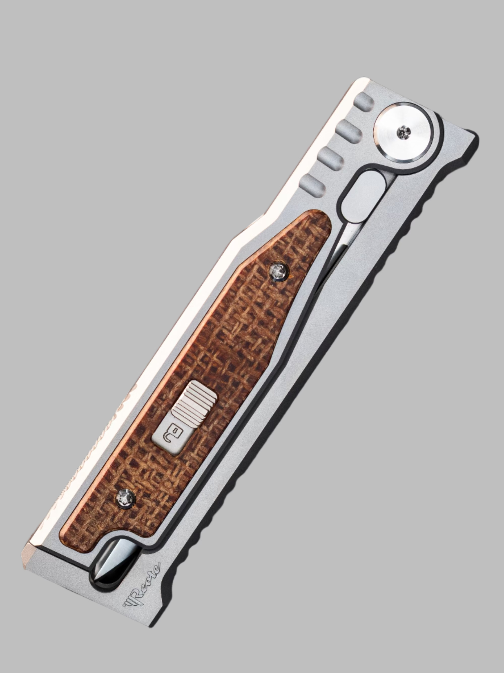 Reate EXO-M Double Edge Gravity Knife Titanium/Burlap Micarta (2.95" Satin)