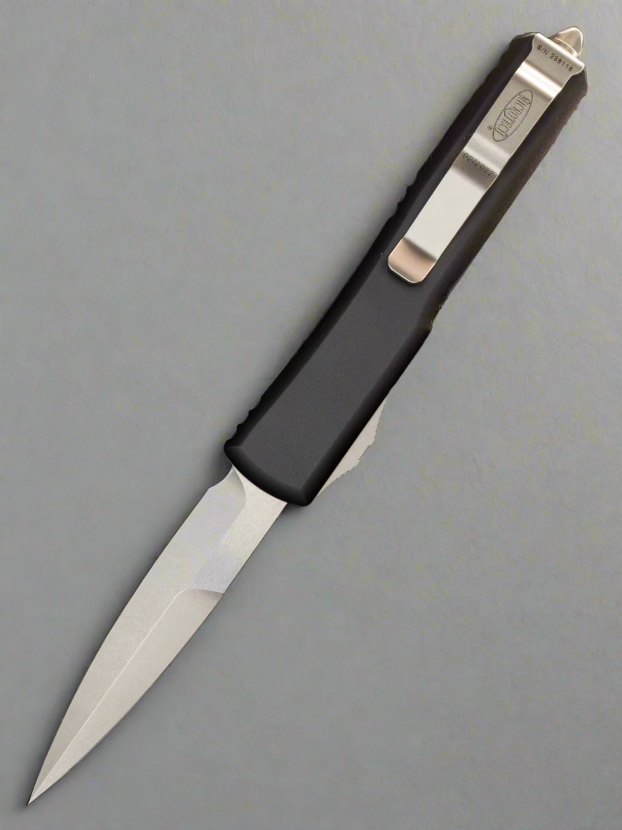 Microtech 120-10 Ultratech AUTO OTF Knife 3.46" Stonewashed Double Edge Bayonet Blade, Black Aluminum Handle