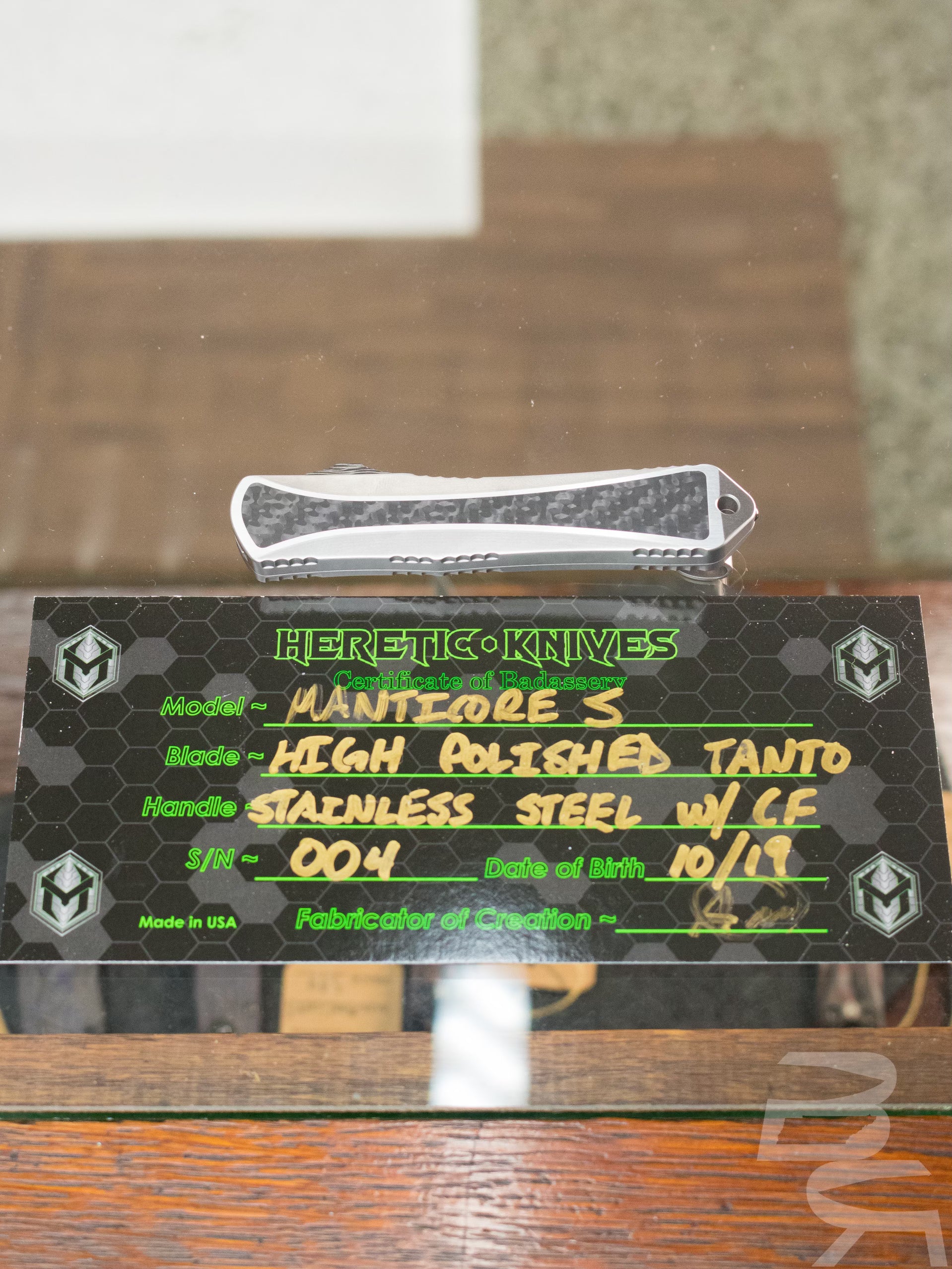 Heretic Knives Manticore-S Custom Stainless CF Inlay OTF 2.6" Tanto Mirror Polish