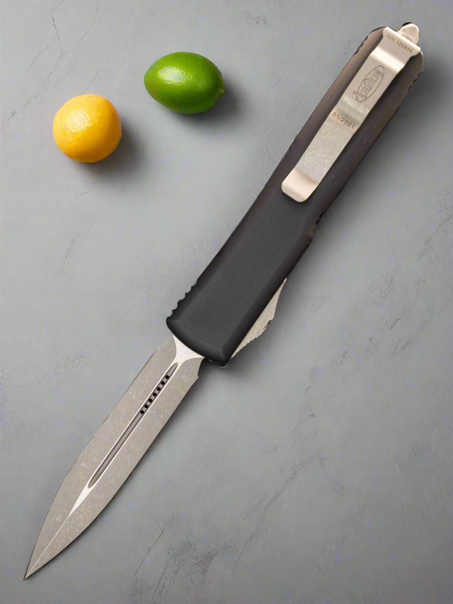 Microtech 122-10 Ultratech AUTO OTF Knife 3.46" Stonewash Double Edge Dagger Blade, Aluminum Handles