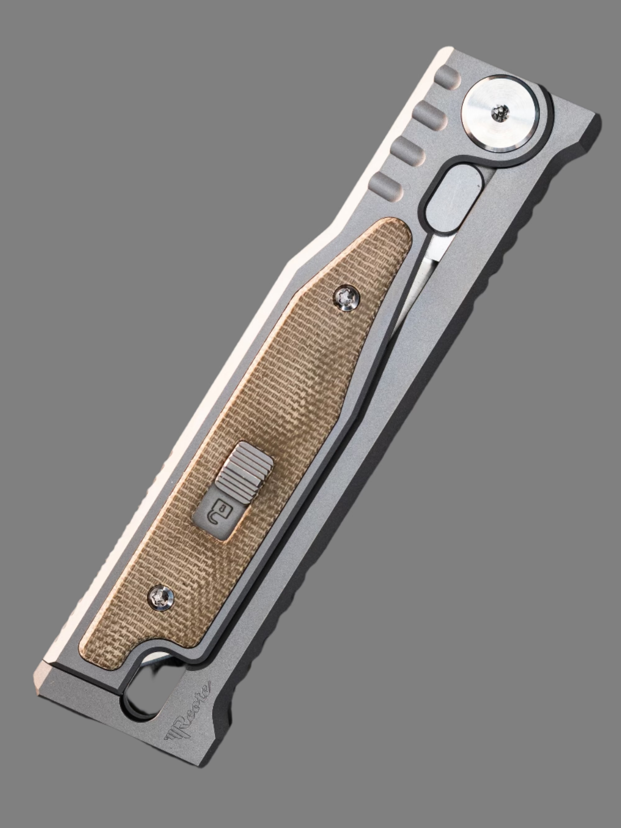 Reate EXO-M Tanto Gravity Knife Titanium/Green Micarta (2.95" Satin)