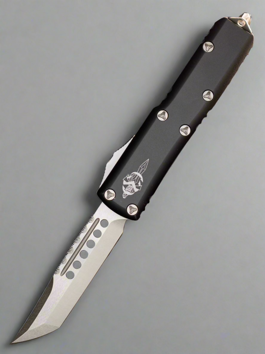 MICROTECH UTX-85 OTF KNIFE- HELLHOUND EDGE- BLACK WITH STONEWASH BLADE ...