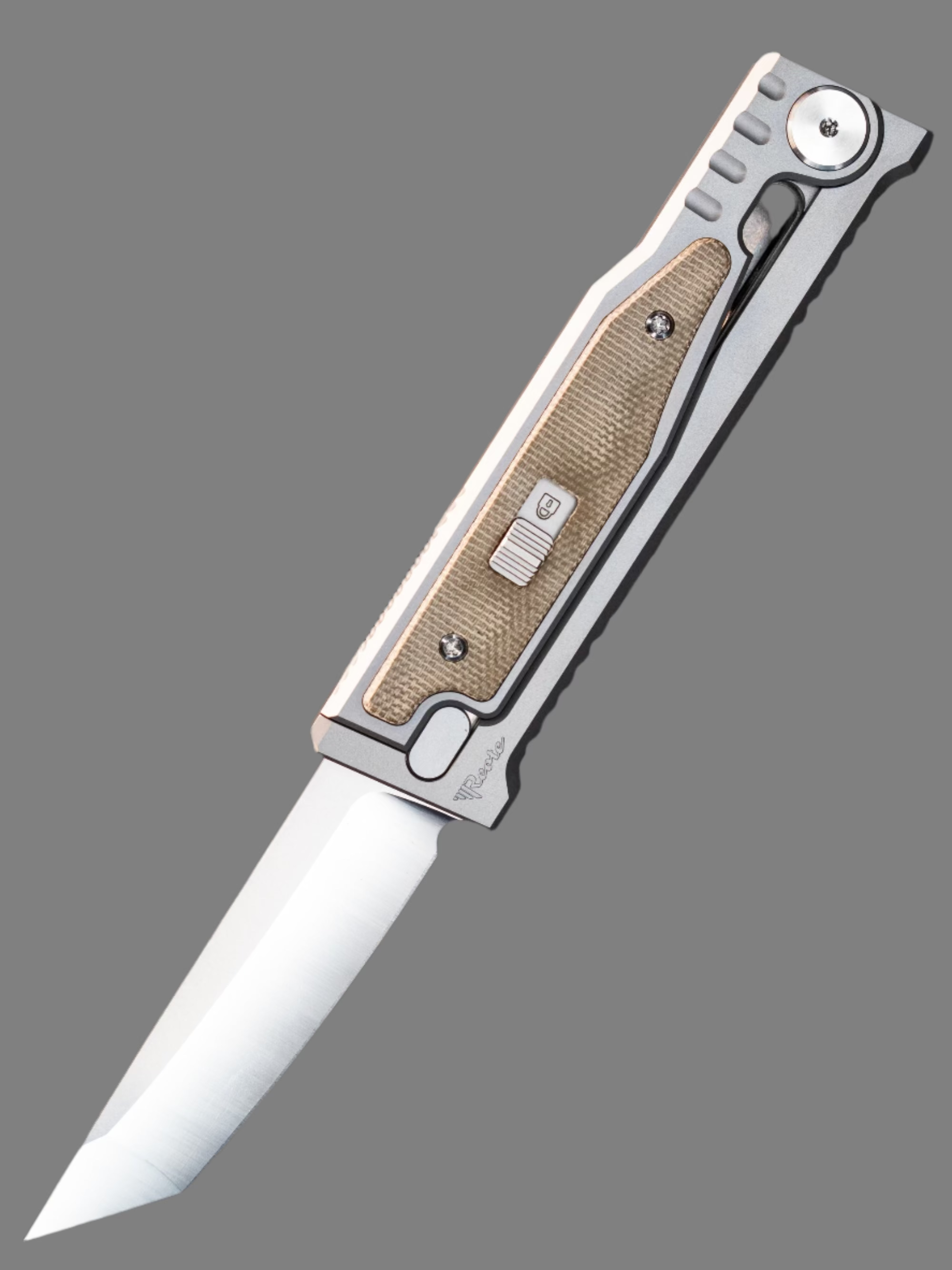 Reate EXO-M Tanto Gravity Knife Titanium/Green Micarta (2.95" Satin)