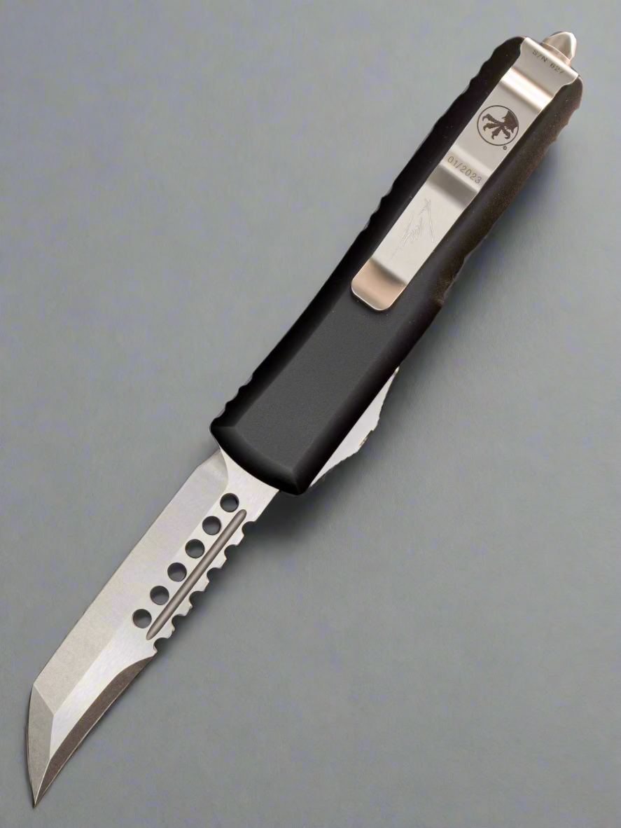 MICROTECH UTX-85 OTF KNIFE- HELLHOUND EDGE- BLACK WITH STONEWASH BLADE 719-10 S